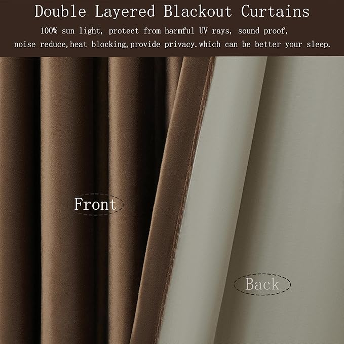 PRIMROSE Full Blackout Brown Velvet Curtains 102 inch Long for Living Room,2 Panles Liner Rod Pocket Back Tab Thermal Window Curtains Room Darkening Heavy Curtain Drapes for Bedroom