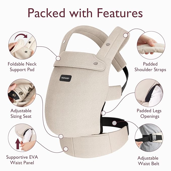 Momcozy Baby Carrier - Ergonomic, Cozy and Lightweight Carrier for 7-45lbs, Effortless to Put On, Ideal for Hands-Free Parenting, Enhanced Lumbar Support, Purehug for Infant to Toddler, Khaki