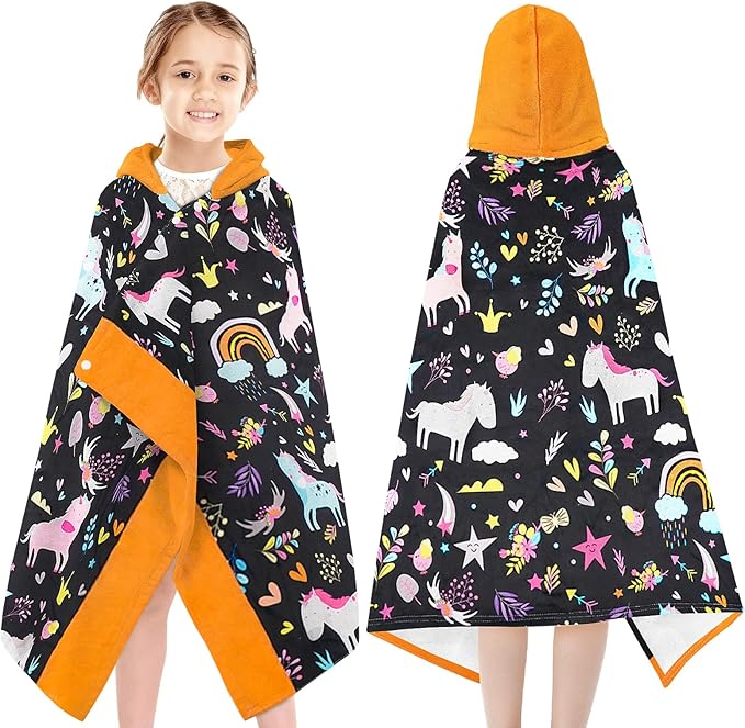 Hooded Poncho Towels for Kids 3-10 Years-Soft Thick Cotton Floral Unicorn Toddler Hood Bath Towels/Pool Terry Towel Beach Wrap Absorbent Cute Bath & Swim Wrap Gift for Boys & Girls-Black