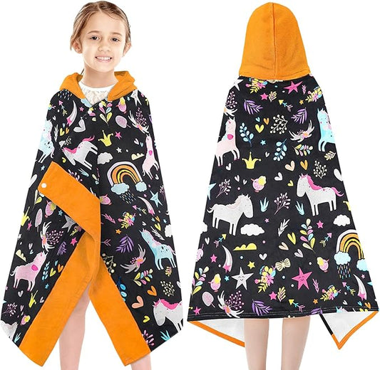 Hooded Poncho Towels for Kids 3-10 Years-Soft Thick Cotton Floral Unicorn Toddler Hood Bath Towels/Pool Terry Towel Beach Wrap Absorbent Cute Bath & Swim Wrap Gift for Boys & Girls-Black