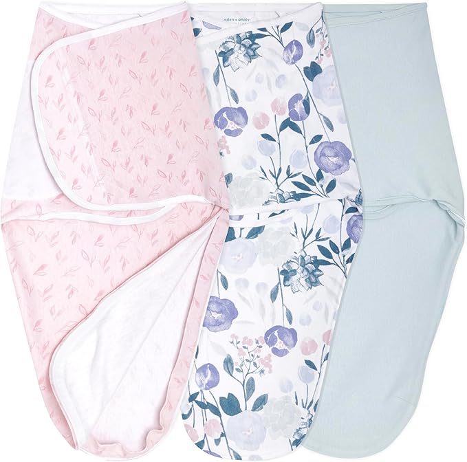 aden + anais Essentials Easy Swaddle Wrap Quick Change with Bottom Zipper, Snug Cotton Knit Baby Wrap Swaddle Blanket for Newborns, TOG 1.0, 3-Pack, Flowers Bloom, 0-3 Months, Small/Medium