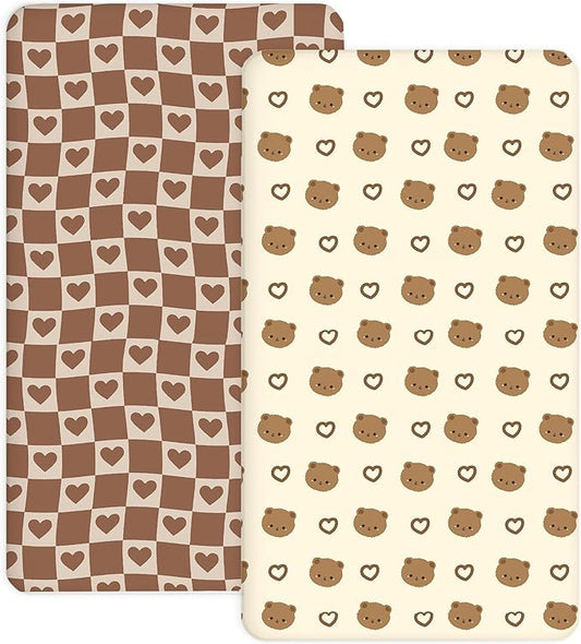 Crib Sheets for Boys and Girls, 2 Pack Fitted Baby Sheets for Standard Toddler Mattress 28" x 52", Soft Breathable Jersey Knit Baby Bedding (Teddy Love)