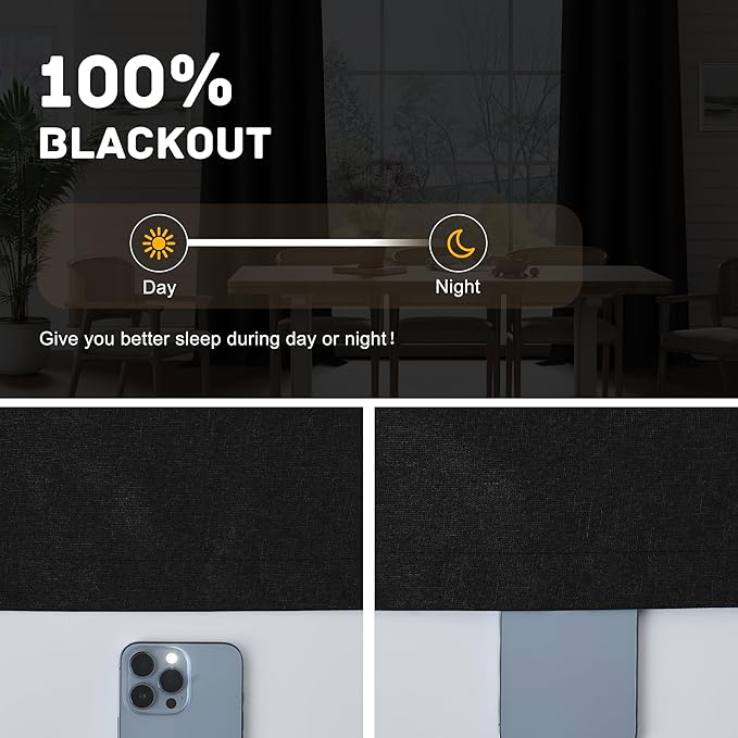 100% Blackout Linen Textured Curtains 95 Inch Length 2 Panels Set for Living Room, Bedroom, Light Weight Curtains with Grommets Top, Full Blackout Curtains Privacy Protection, Black, 52" W x 95" L