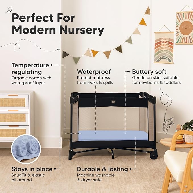 2 Pack and Play Sheets, Waterproof Mini Crib Sheets Fitted - 38x26 Organic Cotton Pack N Play Sheets for Graco Pack and Play Mattress, Playard Baby Crib Sheets,Neutral for Boy,Girl,Toddler(Blue Flax)