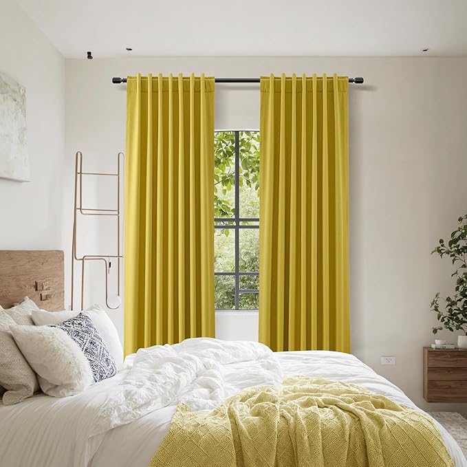 Guken 100% Blackout Curtains 120 Inch Length 2 Panels Set for Living Room Bedroom Back Tab Thermal Insulated Black Out Linen Drapes Room Darkening Celery Yellow,52x120