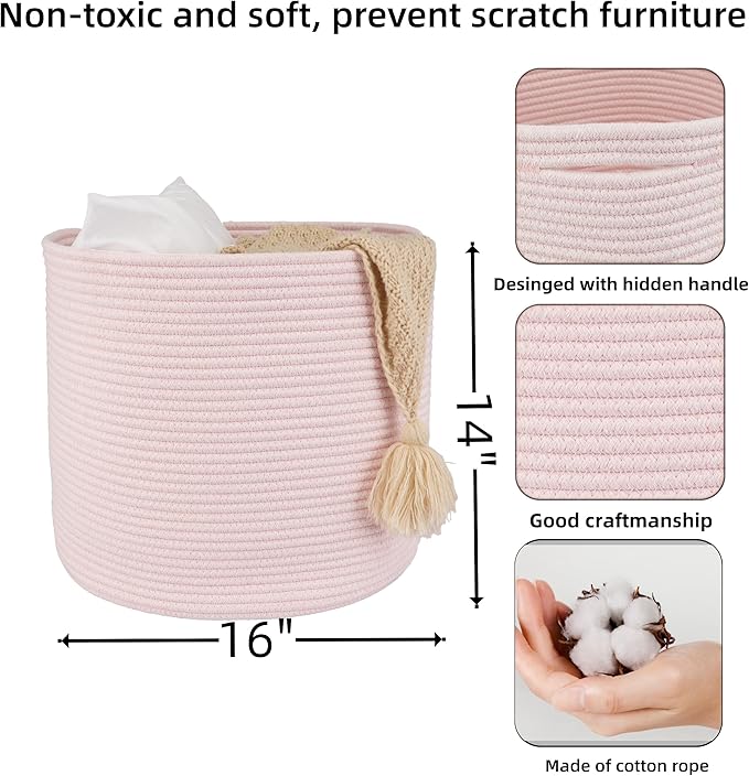 Cotton Rope Basket For Girls Kids 16”X14” Baby Laundry Baskets Nursery Bin Round Woven Basket Organizer For Storage Toys Blankets Shoes Clothes pink