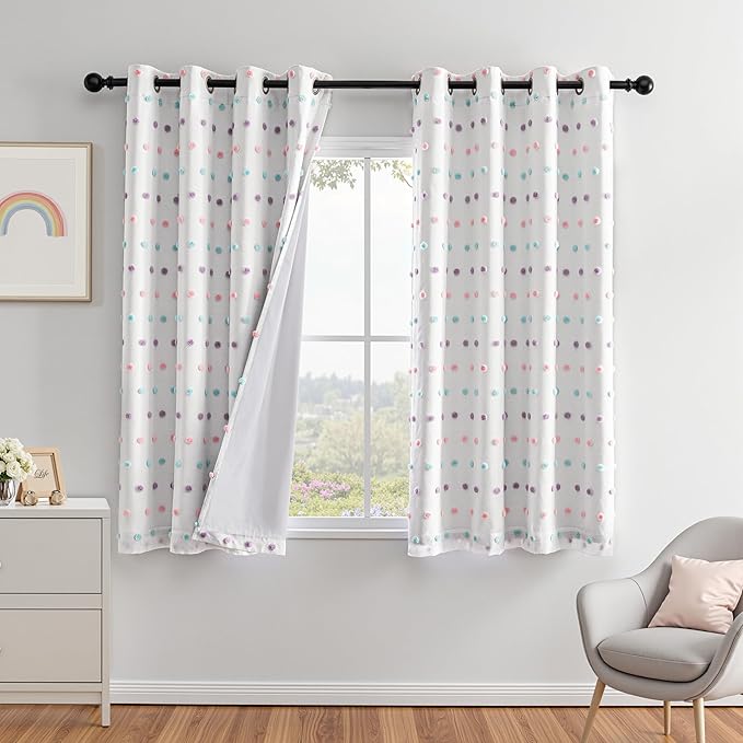 MEETSKY Kids Blackout Curtains for Girls/Boys Bedroom Nursery Pink Purple Blue Curtains with Rainbow Pom Pom Sheer Room Darkening Window Drapes for Kitchen Grommet Set of 2, 52" W x 63" L
