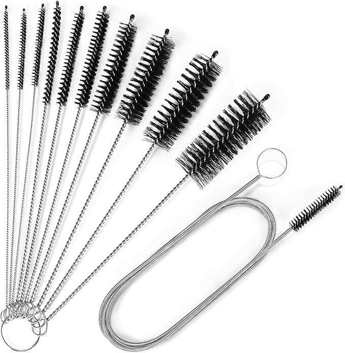 Ixiaoyoo Cleaning Brushes Set, 10 Pieces 8 Inch Nylon Tube Brush + 60 Inch Flexible Long Drain Brush, Hose Pipe Brush, Suitable for Home Kitchen, Bathroom, Fish Tank, Water Pump Accessories (Black)