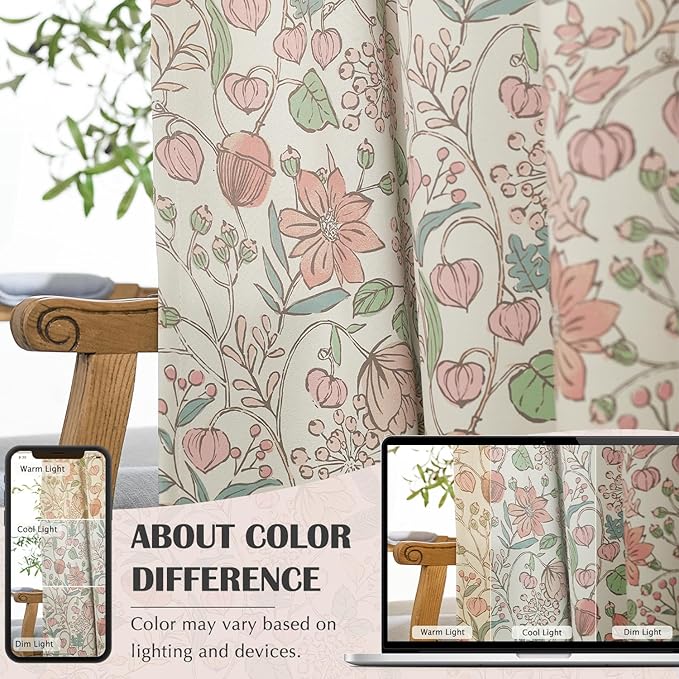 jinchan Nursery Curtains 95% Blackout Pink 63 Inch Long Floral Curtains for Girls Room, Farmhouse Drapes for Living Room Bedroom Darkening Window Treatment Grommet Top Set of 2 Panels