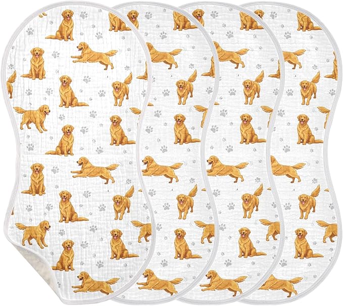 Qinllo 4 Pack Muslin Burp Cloths Golden Dogs Paw Prints White Cotton Baby Burp Cloths Ultra Absorbent and Soft Thick Burping Cloth for Newborn Boys Girls 22x11 Inch