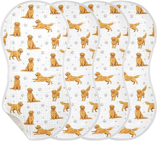 Qinllo 4 Pack Muslin Burp Cloths Golden Dogs Paw Prints White Cotton Baby Burp Cloths Ultra Absorbent and Soft Thick Burping Cloth for Newborn Boys Girls 22x11 Inch