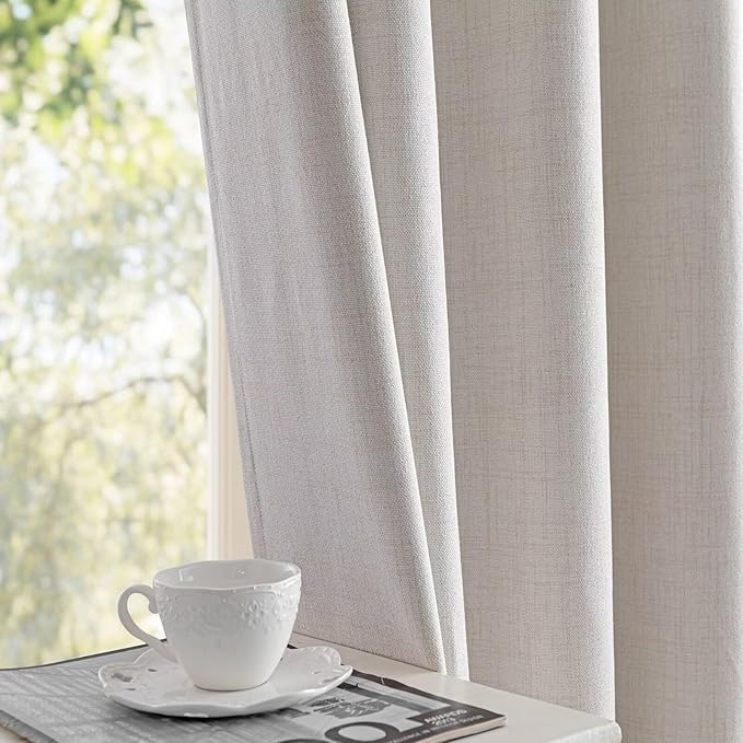 100% Blackout Curtains 90 inch Length 1 Panel Faux Linen Long Drapes for Bedroom Living Room Black Out Room Darkening Curtain Thermal Insulated Back Tab Rod Pocket(W100 x L90, Natural)