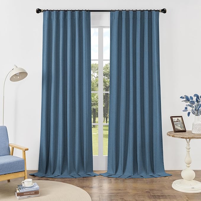 DUALIFE Room Darkening Curtains 120 Inch Long 10 FT for Large Windows,Rod Pocket Back Tab Pleated Linen Tall Drapes for Living Room Dining Room Office 2 Panels,50 Wide by 120 Length, Blue Denim