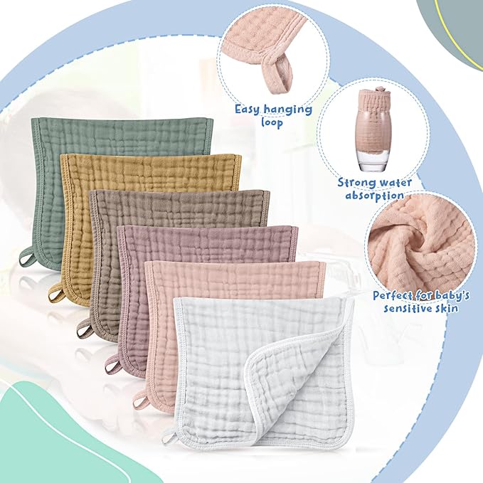 Irenare 6 Pack Muslin Burp Cloths Cotton Baby Burping Rags Large 20 x 10 Inch 6 Layers Spit up Rags Soft Absorbent Multicolor Wash Cloths Diapers for Newborn Baby Girl Boy(Bright Colors)