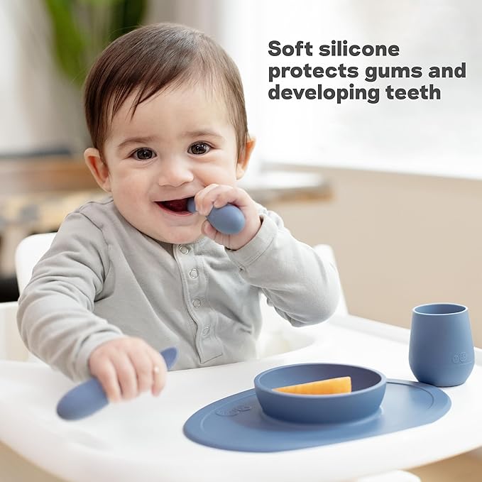 ezpz Tiny Spoon (2 Pack in Pewter) - 6 Months+ - 100% Silicone Spoon for Baby Led Weaning + Purees - Designed by a Pediatric Feeding Specialist - Shower Essentials & Gifts