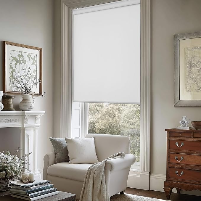 ChrisDowa Cordless Free-Stop 100% Blackout Blinds for Windows, Roller Windows Shades with Thermal Insulated, UV Protection Fabric for Living Room, Office and Home. Easy to Install.White,34" W X 72" H