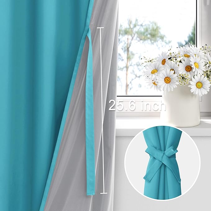 XWZO 100% Blackout Curtains 63 Inches Long with Tiebacks- Completely Shaded & Energy Saving Large Window Panels with Black Liner for Living Room/Bedroom, Turquoise, W70 x L63, Set of 2
