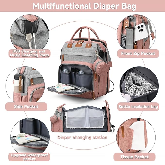 Baby Diaper Bags with Changing Station Multifunctional Waterproof Diaper Bag Backpack Travel Baby Bag with Changing Pad, Pacifier Case,Baby Essentials(PinkGrey)