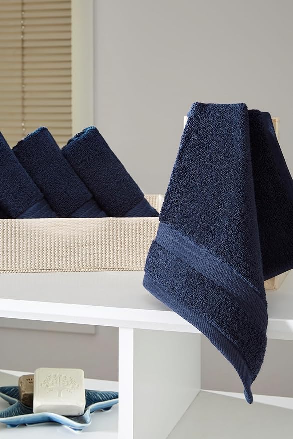 Ozdilek 6-Piece Washcloth Set 13x13 100% Turkish Cotton, 600 GSM, Soft, Gentle on Sensitive Skin, Multi-Purpose Use, Washable, Reusable, Ideal for Baby Care & Spa 6 Towels (Navy Blue)
