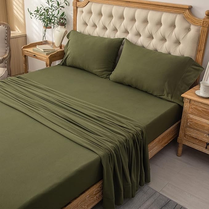 PURE ERA Jersey Knit 4pc Bed Sheet Set 100% T-Shirt Heather Cotton Super Soft Comfy Breathable Fits Mattress Up to 20" Extra Deep Pocket(Olive Green, Queen)