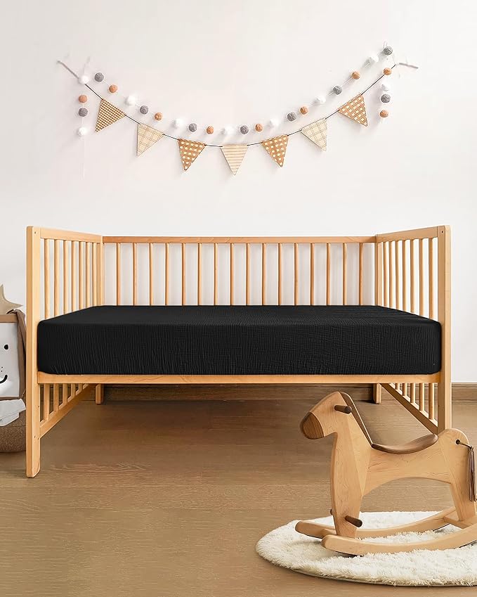 Pro Goleem Muslin Crib Sheets for Boys and Girls, Soft Breathable Neutral Fitted Cotton Baby Bed Sheets for Standard Crib Mattress & Toddler Mattress (52"x28"), 1 Pack (Black)