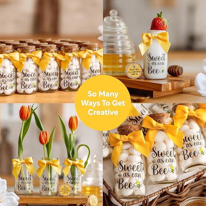 Ethisa Small 12 Pack Bee Party Favor Glass Bottles with Ribbons and Stickers - Baby Shower and Birthday Souvenir for Guests and Table Centerpiece Decoration - Sweet as Can Bee Honey Themed Candy Jar