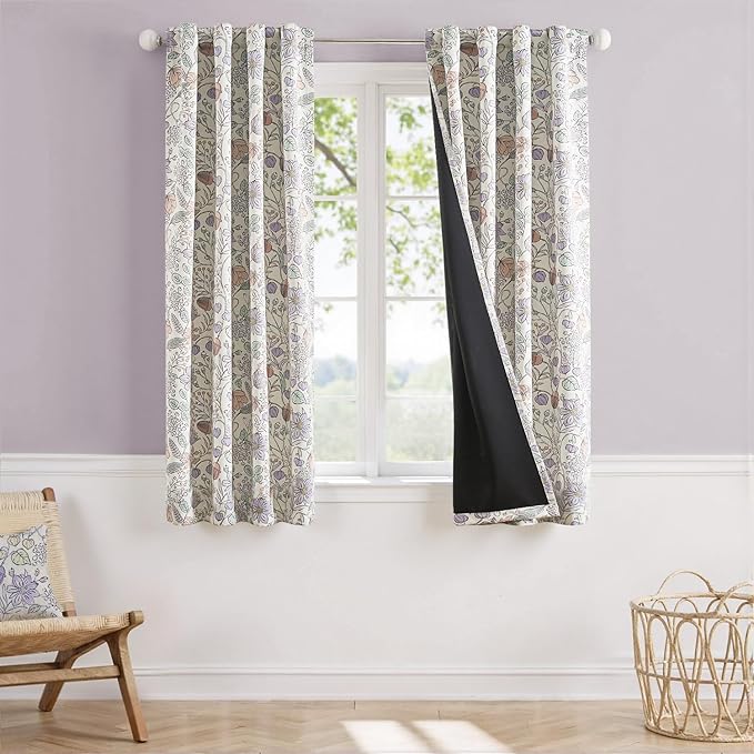 Vangao Purple Nursery Curtains for Girls Room Easter Floral 100% Blackout Curtains 63 Inch Length Farmhouse Drapes for Bedroom Room Darkening Flower Patterned Window Treatment for Kids Set of 2
