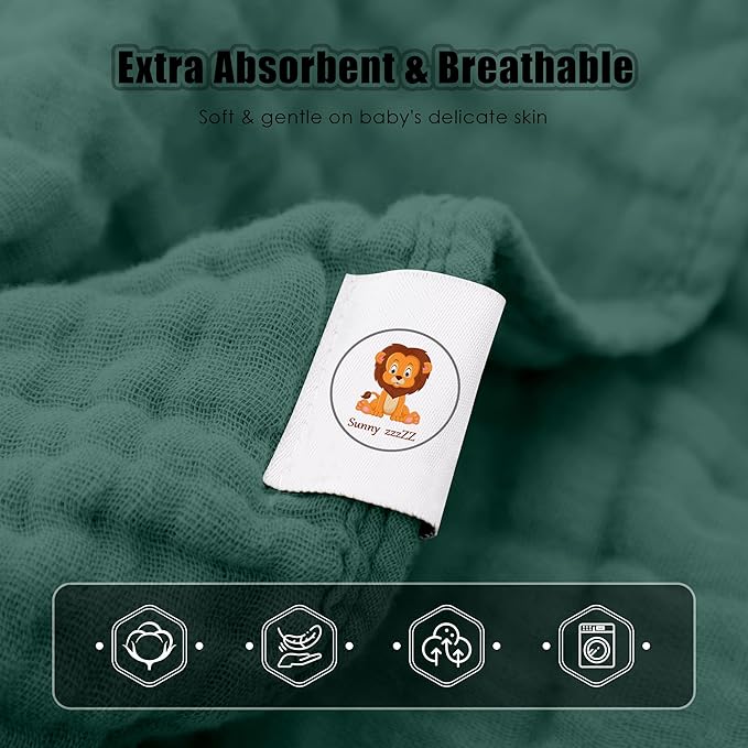 Sunny zzzZZ Muslin Hooded Baby Bath Towels - 3 Pack 100% Cotton Soft Low-Saturation Pastel Towels Including Classic White for Newborns, Infants, Toddlers - 32x32 Inch - Deep Emerald and White