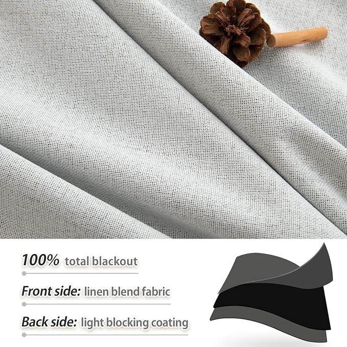 Static White Linen Blackout Curtains 2 Panels Set for Bedroom Back Tab Thermal Insulated 100% Black Out Linen Drapes Living Room Darkening Window Curtains 96 Inches Long 8 FT