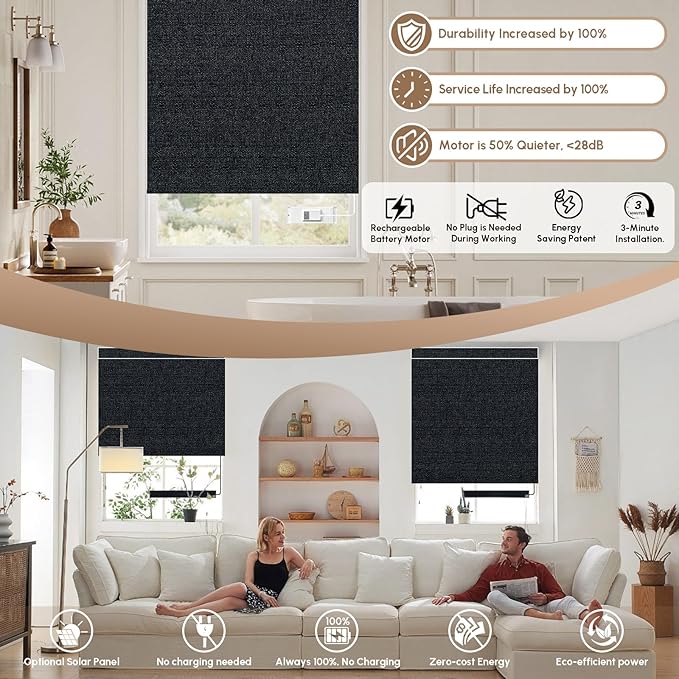 Kincmo No Drill Motorized Blinds with Remote, 100% Blackout Roller Shades for Windows, Custom Electric Blinds Compatible with Alexa, Apple Homekit, Google Home (100% Blackout Eclipse Onyx Black)