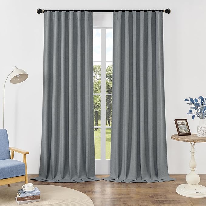 DUALIFE Linen Blackout Curtains 63 Inches Long, Back Tab Rod Pocket Hook Belt Sun Heat and Full Light Blocking Curtain Panels for Bedroom Living Room, 2 Panels, Dark Grey, W50 x L63
