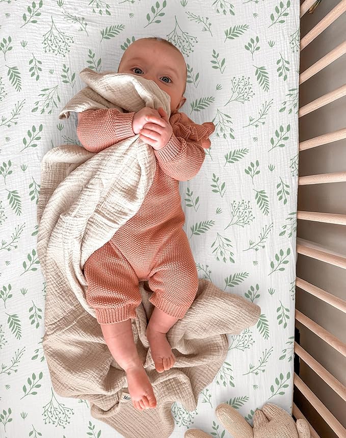 Pack and Play Sheets for Baby Boy and Girl 2 Pack, Neutral Muslin Cotton Pack N Play Mattresses Sheet 27"x39", Muslin Nursery Bedding Soft and Breathable Comfort (Fern Leaf & Sage)