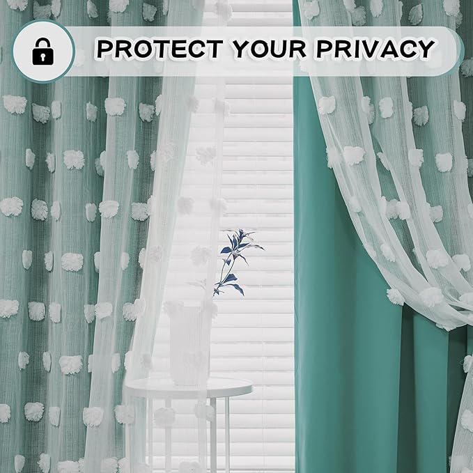 MYSKY HOME Room Darkening Curtains White Sheer Pom Pom Curtains for Living Room Teal Blackout Curtains for Sliding Door Decor Drapes Double Layer Window Panels Boys Bedroom Grommet Set of 2 W52 X L95