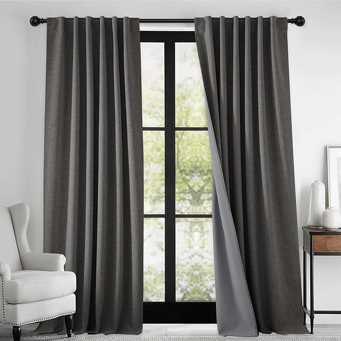 RYB HOME 100% Blackout Curtains Linen Textured 102 Inch Long, Insulating Energy Saving Window Curtains for Bedroom Living Room Dining Patio Sliding Glass Door, W52 x L102 inch, Grey, 2 Panels