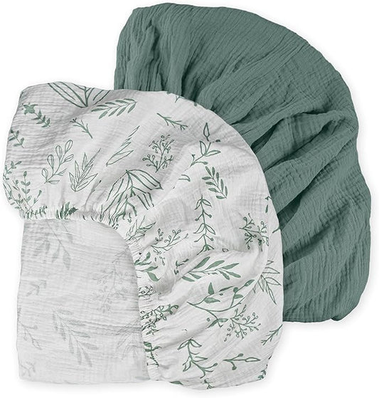Muslin Mini Crib Sheets, 2 Pack for Baby Boy and Girl, Soft Breathable Stretchy Baby Pack N Play Mattress and Mini Cribs Sheet, Universal Fitted Portable/Mini Crib Mattresses (Bright Leaves)