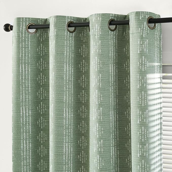 jinchan 95% Blackout Boho Curtains 63 Inch Length for Bedroom White on Sage Green Geometric Printed Grommet Top Room Darkening Thermal Insulated Window Drapes 2 Panels