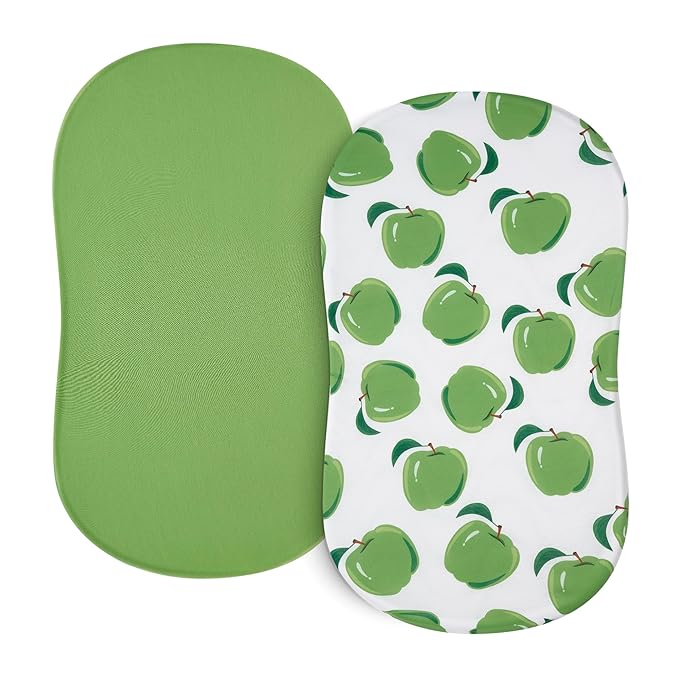 TILLYOU Baby Bassinet Sheets for Girls Boys 2 Pack Baby Sheets for Square Rectangle Oval Bassinet Mattress 33X16 Inch, Green Apple & Fruit Green