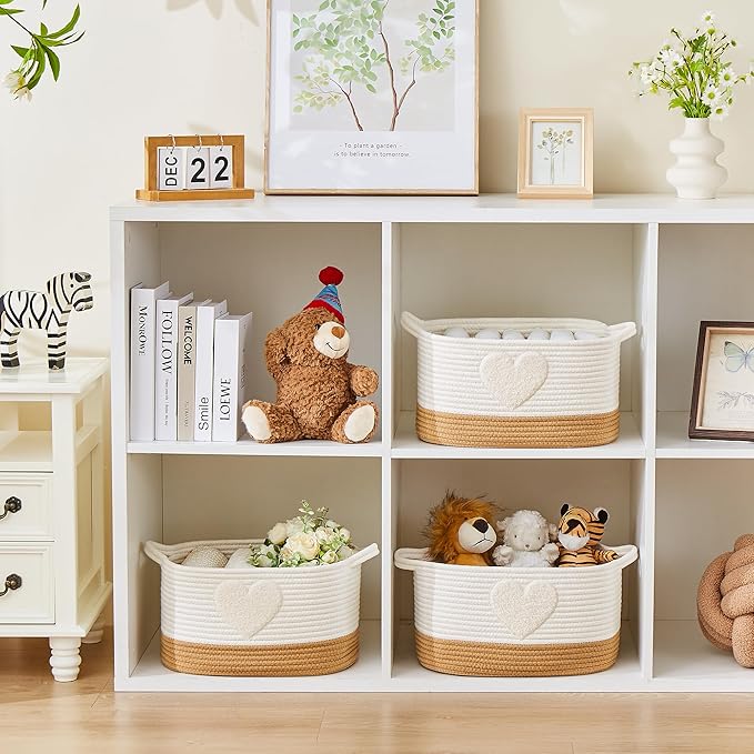 Storage Bins Woven Baskets for Storage Set of 3, Cotton Rope Basket with Handles for Toys/Shelves/Laundry, Rectangle Multi-Purpose Organizer for Living Room, Bedroom, Nursery (Heart)