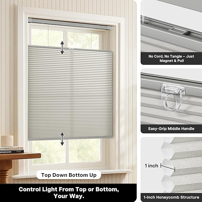 Lazblinds Upgraded Top Down Bottom Up (TDBU) Honeycomb Blinds, No Drill No Tools Easy Install Cordless Cellular Shades for Windows 40" W x 64" H, Dove Grey - Light Filtering