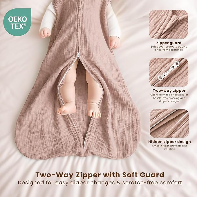 Konssy Muslin Baby Sleep Sack 0-6 Months 0.8 TOG, 2 Pack 100% Cotton Wearable Blanket for Babies, 2-Way Zipper Breathable Sleeping Sack Infant Toddler Essentials for Girls and Boys(Butterfly,Taupe)