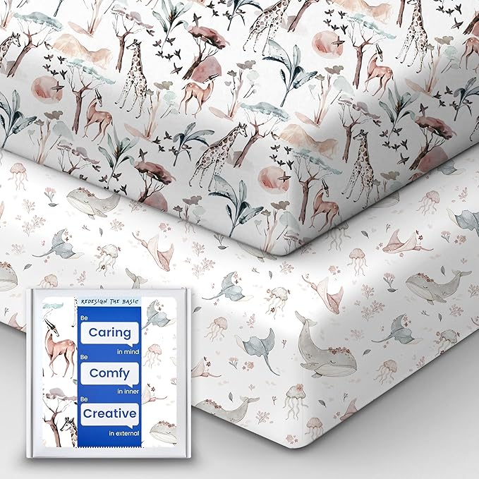 TotBasic Pack and Play Sheets Fitted, Ultra Soft Mini Crib Sheets Girl, Pink Pack N Play Mattress Sheets Hypoallergenic and Soothing, Premium Jersey Playard Sheets, Safari Sea Animals, 2 Pack