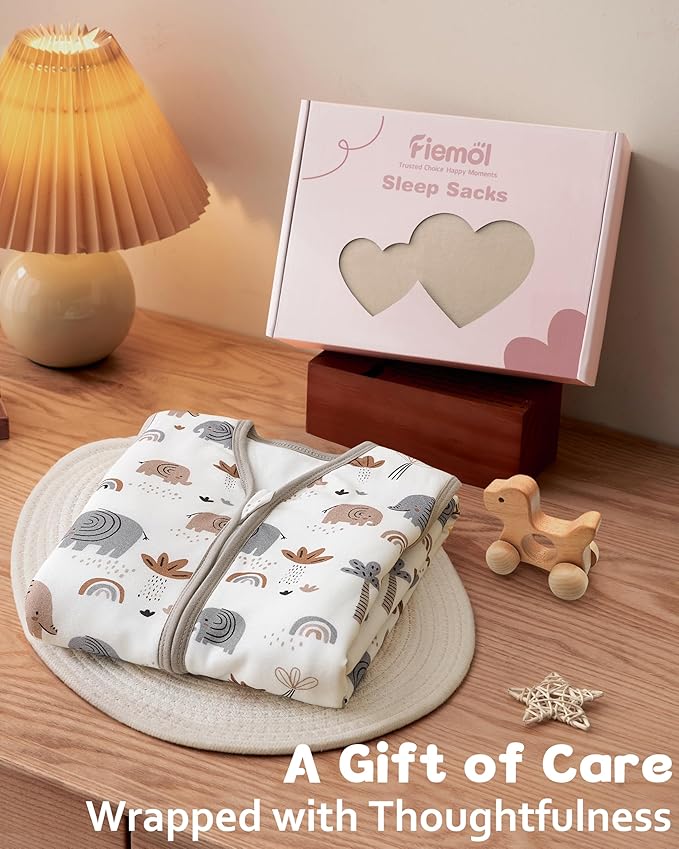 FIEMOL Rayon Made from Bamboo Baby Sleep Sack 12-18 Months, 1.0 Tog Baby Wearable Blanket, Soft Sleeping Bag for Infant Toddler Babies with 2-Way Zipper 2 Pack (Large) Grey Elephant