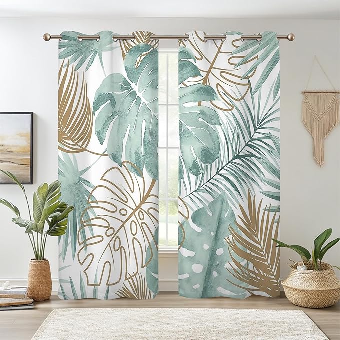 Renaiss Tropical Leaf Blackout Curtains, Green Palm Monstera Leaf Thermal Insulated Bedroom Window Curtains, Botanical Plants Window Curtains for Kitchen, 45" L x 29" W 2 Panel Set