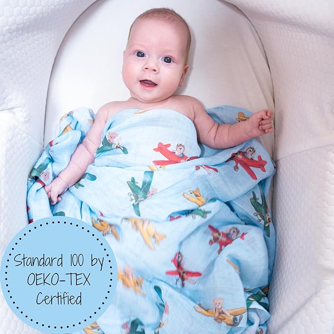LollyBanks Muslin Swaddle Blankets, 100% Cotton Breathable Baby Blanket for Boys and Girls, Soft and Lightweight 47 x 47 Inches Newborn Swaddle Wrap, Baby Essentials Must Haves (Plane and Bear Print)