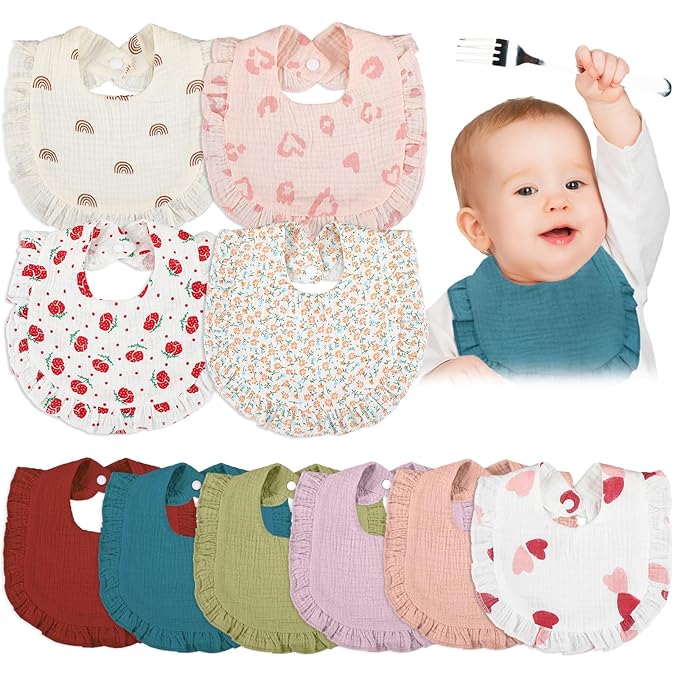Seematn 10 Pcs Baby Muslin Bibs for Unisex Girls & Boys Drool Bibs Bandana Ruffle Soft Cotton for Newborn Infants Toddlers(Pastel Colors)