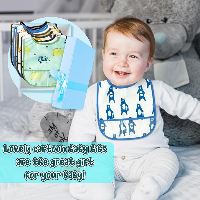 2ooya 6Pcs Waterproof Toddler Bibs Baby Feeding Bib Set with Crumb Catcher Pocket, Infant Adjustable Baby Teething Bib, Babies Sleeveless Vehicles Food Bibs Keepsake Gift for Baby Shower, 6-24 Months