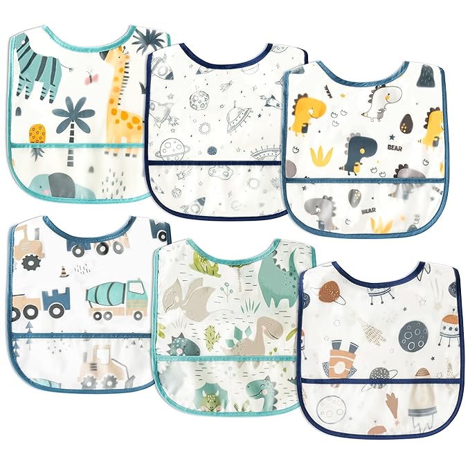 2ooya 6Pcs Baby Bibs for Feeding Toddler Eating Bibs with Crumb Catcher Pocket Waterproof Sleeveless Teething Plastic Food Bib Set Adjustable Infant Keepsake Gift for Boys Baby Shower, 6-24 Months