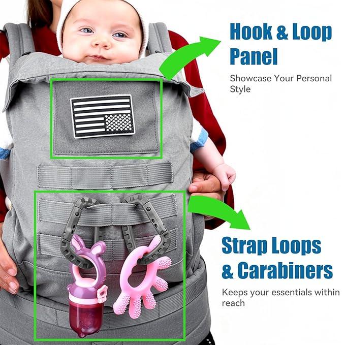 Baby Carrier, Lumbar Support Infant Carrier (0-36M, 8-33 lbs) with Foldable Headrest Carabiners for Big and Tall Parents, Men, Women, Grey