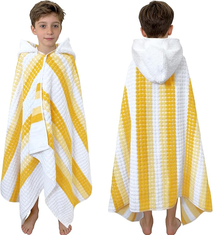 Hooded Bath Towel for Teens/Big Kids (8-14 Years,55"X28") | Soft FluffyQuick Dry Absorbent 100%Cotton Thick Towel Wrap | Versatile Beach, Pool, Swim & Bath Cover-Up | Pale Yellow Vertical Stripe