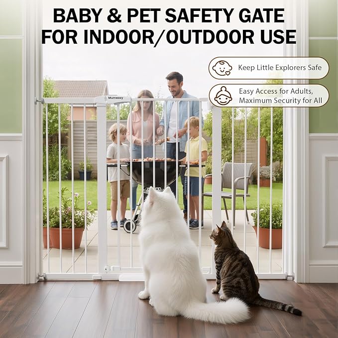 Mumeasy 36" Extra Tall Baby Gate for Doorways, 29.7"-57" Extra Wide Dog Gate for Stairs, Pressure Mounted Auto Close Pet Safety Gate with Easy Walk Thru Door, Large Indoor Child Gate for House, White